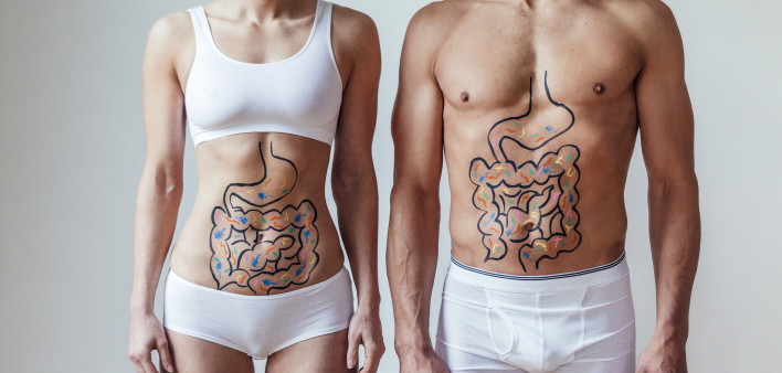 microbiome woman man intestines drawn on stomachs