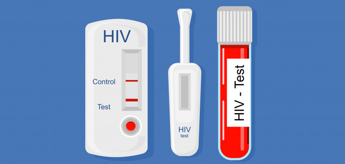 Express HIV self-test kit illustration with Laboratory tube with blood.Different types of medical tools