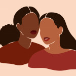 Two beautiful black women stand together. Strong African American girls side by side. Sisterhood and females friendship.