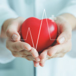 Female medical doctor holding red heart shape in hand with graphic of heart beat, cardiology and insurance concept