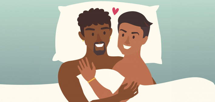 illustration of two men in bed with a heart