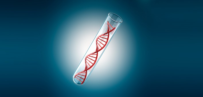 DNA in a test tube against a blue background