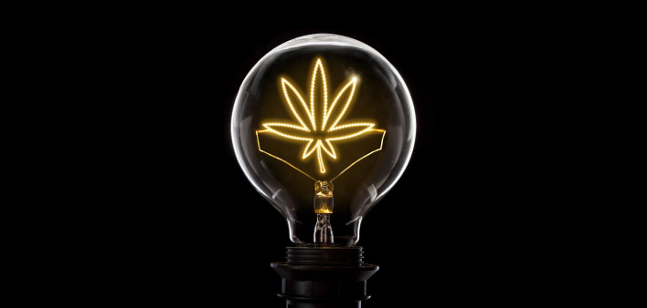 Lightbulb with a glowing wire in the shape of a weed leaf (