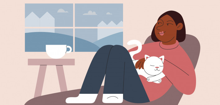 illustration of woman lounging with a cat in her lap
