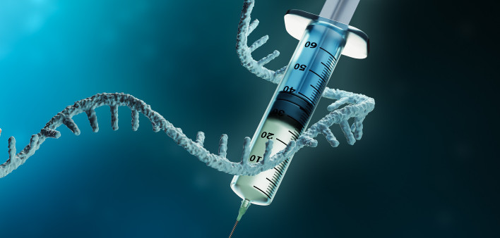 Coronavirus or sars-cov-2 virus cell with messenger RNA or mRNA and syringe