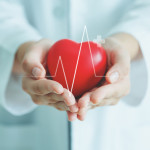 Female medical doctor holding red heart shape in hand with graphic of heart beat, cardiology and insurance concept