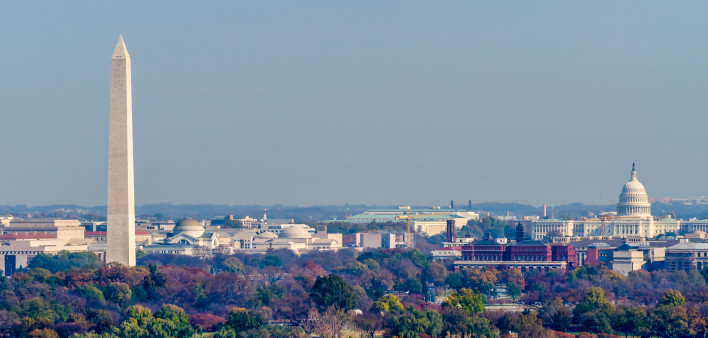 The Washington Monument and United States Capitol Building are just two of the many National Mall buildings seen in this autumn photograph of Washington D.C.