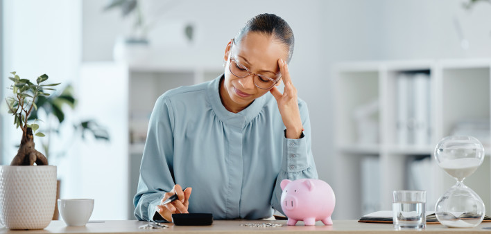 Debt, broke and financial crisis for a business woman frustrated and stressed without money.