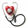 A stethoscope on a red plastic heart