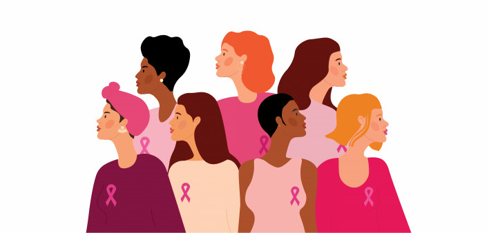 illustration of woman wearing pink ribbons breast cancer awareness