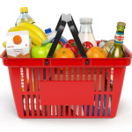 Shopping basket with variety of grocery products