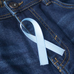 Prostate Cancer Awareness, light Blue Ribbon on male jeans