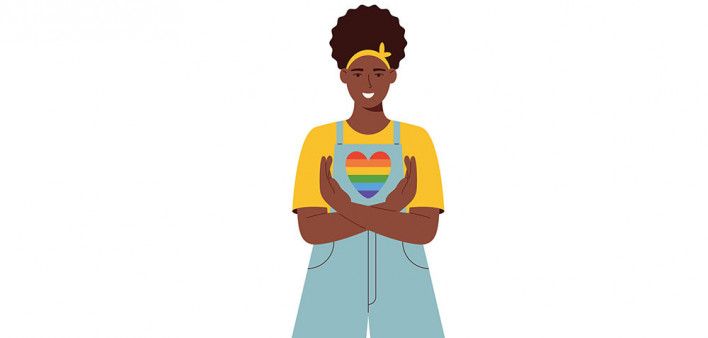 illustration black girl holding a rainbow heart LGBT+ gay