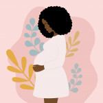 illustration Side View Of Young Pregnant African Woman With Black Curly Hair Holding Her Belly. Pregnancy And Motherhood