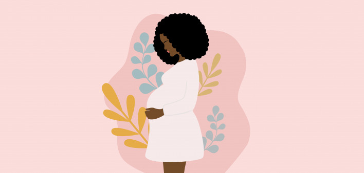 illustration Side View Of Young Pregnant African Woman With Black Curly Hair Holding Her Belly. Pregnancy And Motherhood