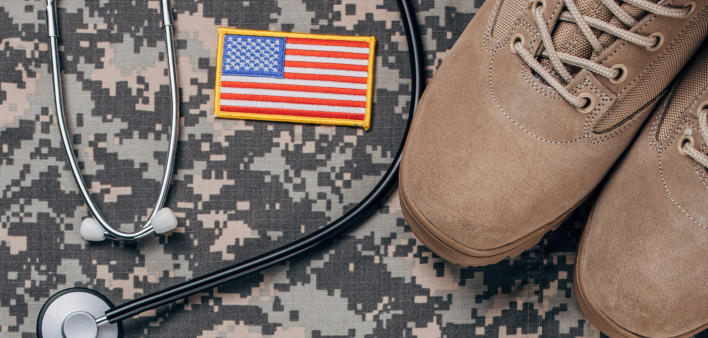 Top view of camouflaged military clothing, stethoscope, US flag and boots on wooden backgroun