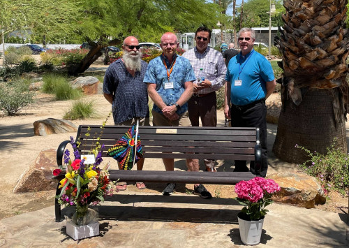 The memorial bench and plaque dedicated to Timothy Ray Brown on May 7, 2021, in Palm Springs, California.