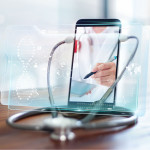 Doctor online, Online medical communication with patient on virtual interface, Online and medical consultation, Virtual hospital, Doctor through the smartphone screen using stethoscope checks and analysis health