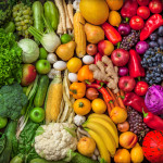 Fruits and vegetables ucumber, Broccoli, Tomato, peach, pear, bannana, grapes, lemons
