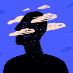 A black silhouette of a head surrounded by clouds, a symbol of postcovid syndrome, brain fog