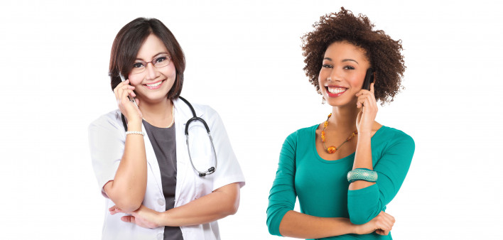 two health care workers two woman on the phone