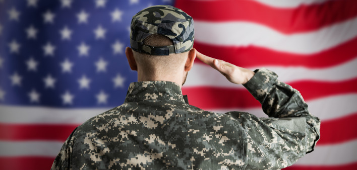 Military US Soldier Saluting Flag. Army Veteran