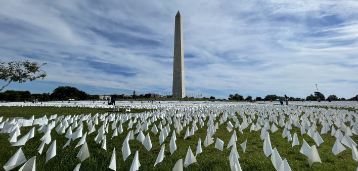 White flags honoring lives lost to the COVID-19 virus on the National Mall in Washington, D.C.