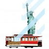 illustration down arrows statue of liberty and San Francisco Trolly