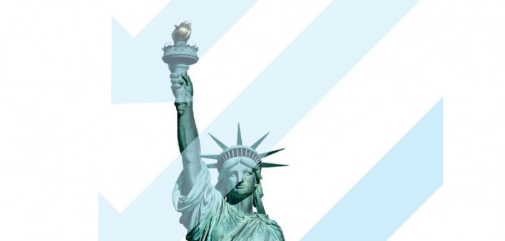 illustration down arrows statue of liberty and San Francisco Trolly