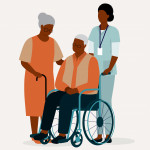 Black Senior Wife With Her Disabled Senior Husband In Wheelchair Is Being Taken Care By A Female Nurse.
