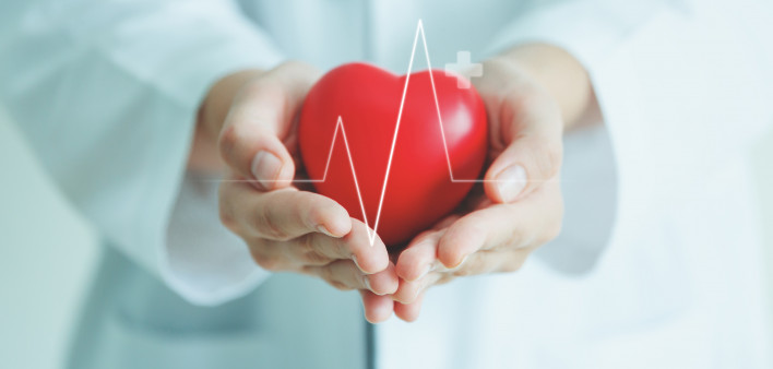Female medical doctor holding red heart shape in hand with graphic of heart beat, cardiology and insurance concept