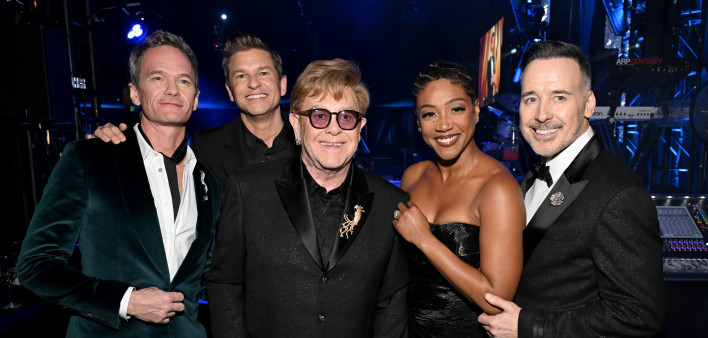 From left: Neil Patrick Harris, David Burtka, Elton John, Tiffany Haddish and David Furnish attend the Elton John AIDS Foundation's Academy Awards Viewing Party on March 10, 2024, in West Hollywood, California.