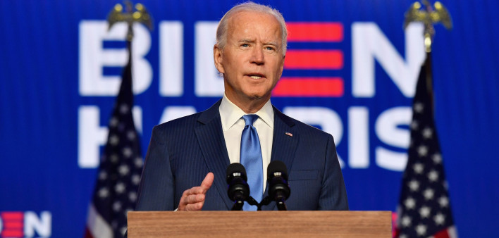 Democratic presidential nominee Joe Biden delivers remarks at the Chase Center in Wilmington, Delaware, on November 6, 2020.