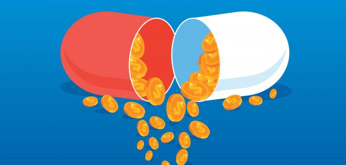 illustration pill capsule open with coins coming out