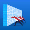 Businessman working hard together trying to push the wall
