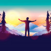 Silhouette of man outstretched arms sunrise mountains illustraion