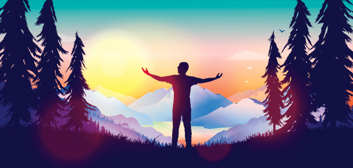 Silhouette of man outstretched arms sunrise mountains illustraion