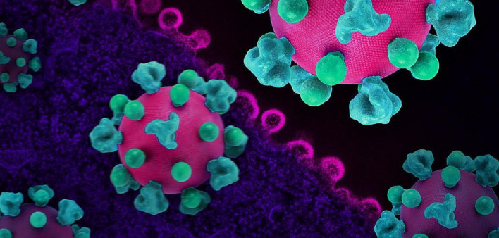 Layout featuring colorized 3D prints of HIV virus particles (pink with teal surface proteins) and a background image that is a colorized transmission electron micrograph of HIV virus particles (pink) budding and replicating from an H9 T cell (purple). Mic