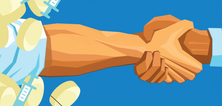 illustration addiction hand pulls another from a pile of pills and syringes