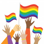 gay rainbow flags and diverse hands up in the air