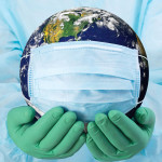 hands holding earth wearing mask illustration