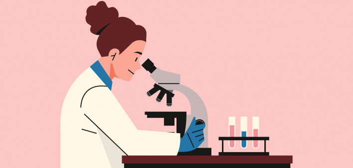 illustration woman scientist looking through microscope
