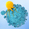 T cells (yellow) use their T-cell receptors to recognize target cells like cancer cells (blue).