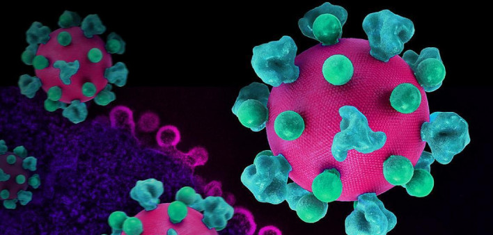 Layout featuring colorized 3D prints of HIV virus particles (pink with teal surface proteins) and a background image that is a colorized transmission electron micrograph of HIV virus particles (pink) budding and replicating from an H9 T cell (purple). Mic