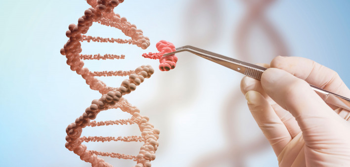 illustration dna hand and tweezers adding a piece of DNA