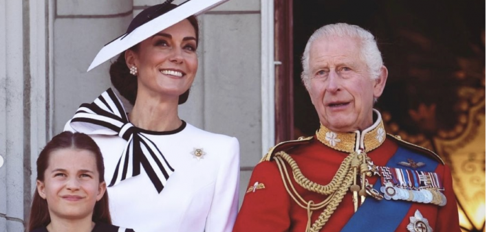 Kate Middleton and her daughter with King Charles III at his birthday parade, June 15, 2024. Both Kate and King Charles have been diagnosed with cancer.