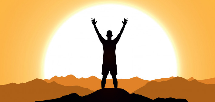 illustration man holding up arms at sunrise