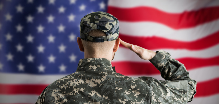 Military US Soldier Saluting Flag. Army Veteran