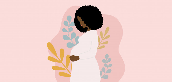 illustration Side View Of Young Pregnant African Woman With Black Curly Hair Holding Her Belly. Pregnancy And Motherhood