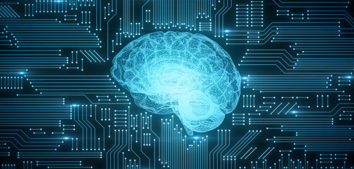 Blue digital computer brain on circuit board with glows and flares